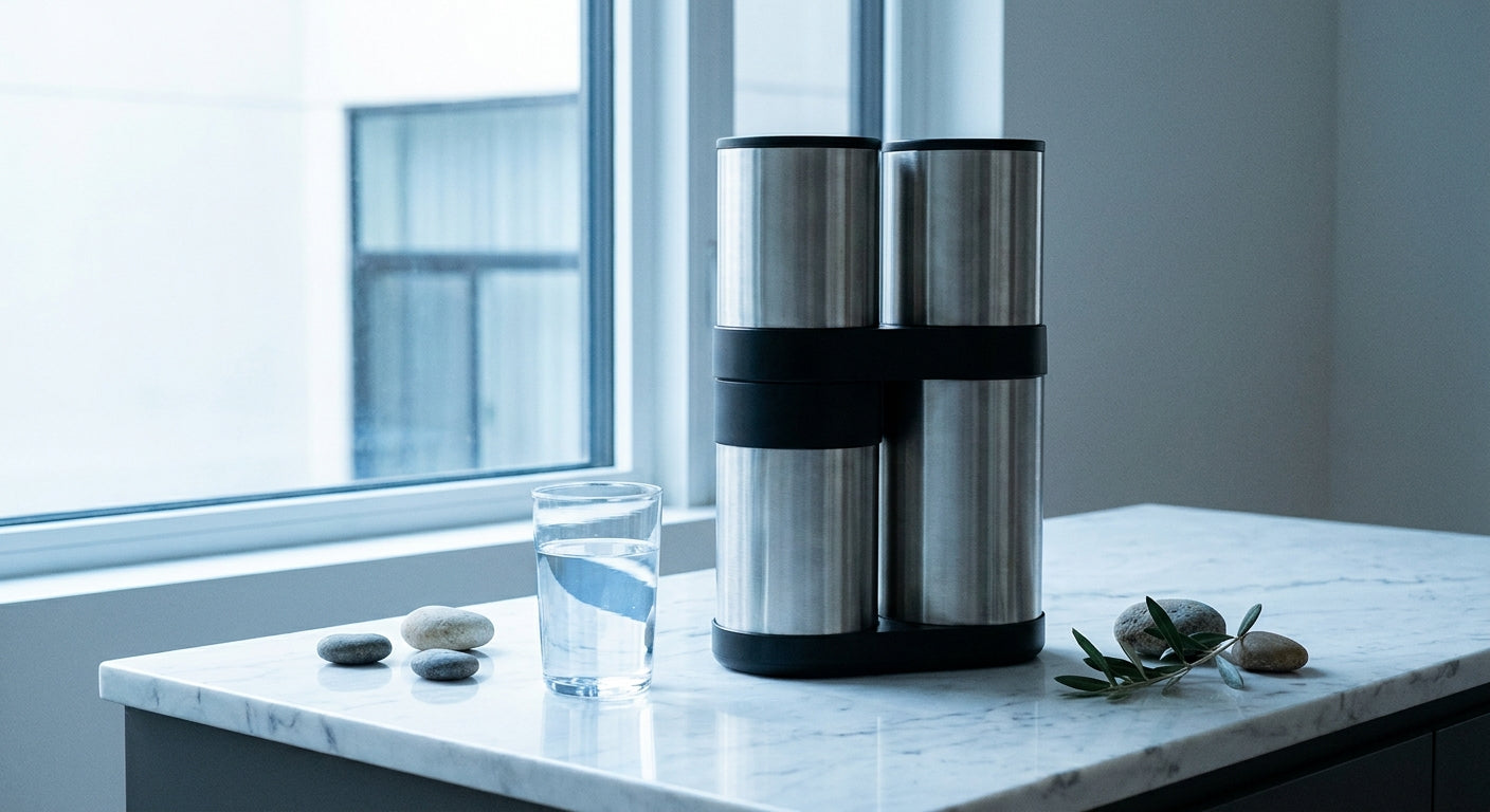 A gravity water filter beside a clear glass of water on a marble countertop, bathed in soft natural light.