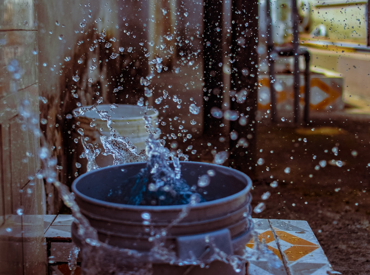 gray plastic bucket with water