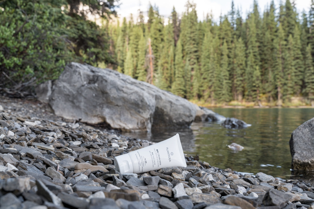 a book is laying on the rocks near the water