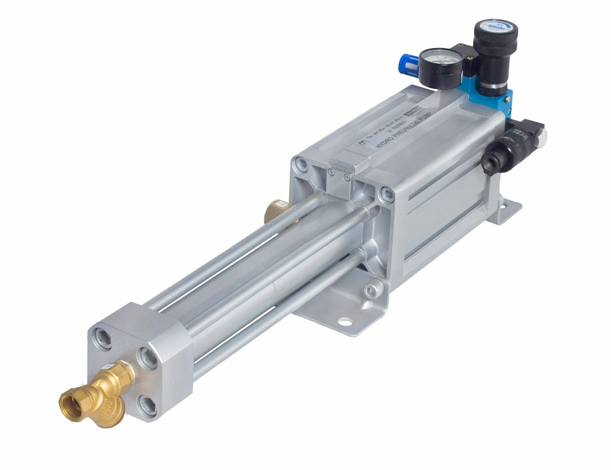 An industrial pneumatic cylinder with gauges