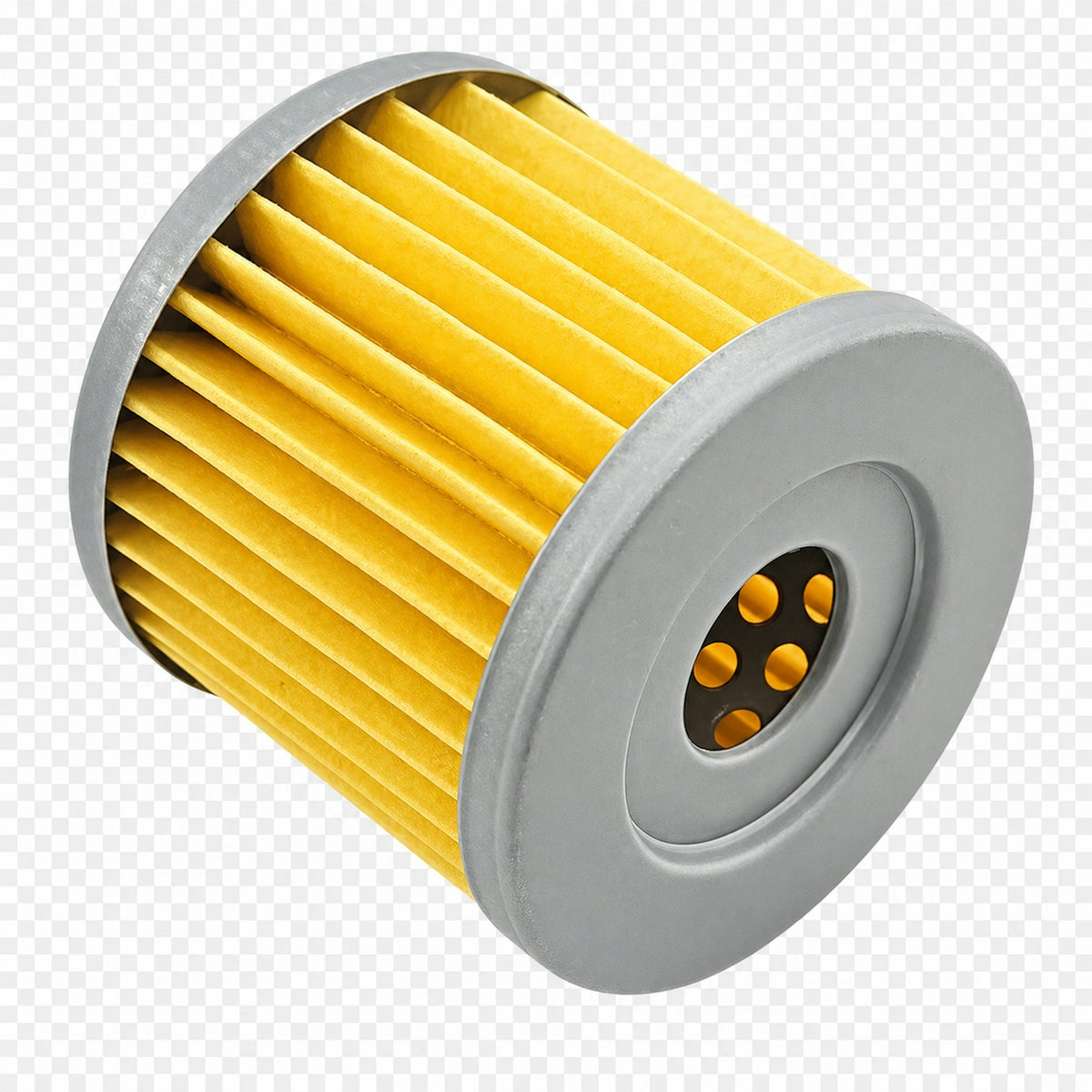 A yellow pleated oil filter with gray ends