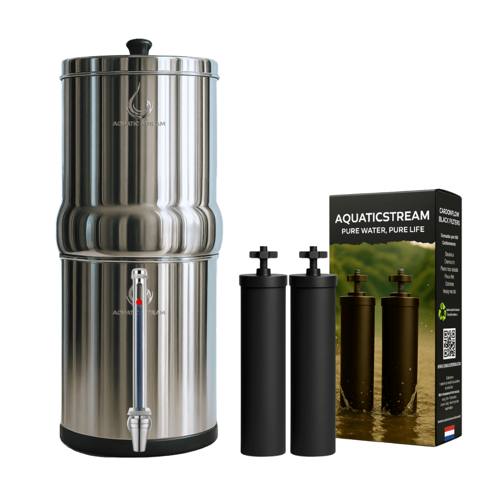 Aquaticstream 8.5L Gravity Filtration System™ | CarbonFlow Black Filters + 7" Stainless Steel WaterView