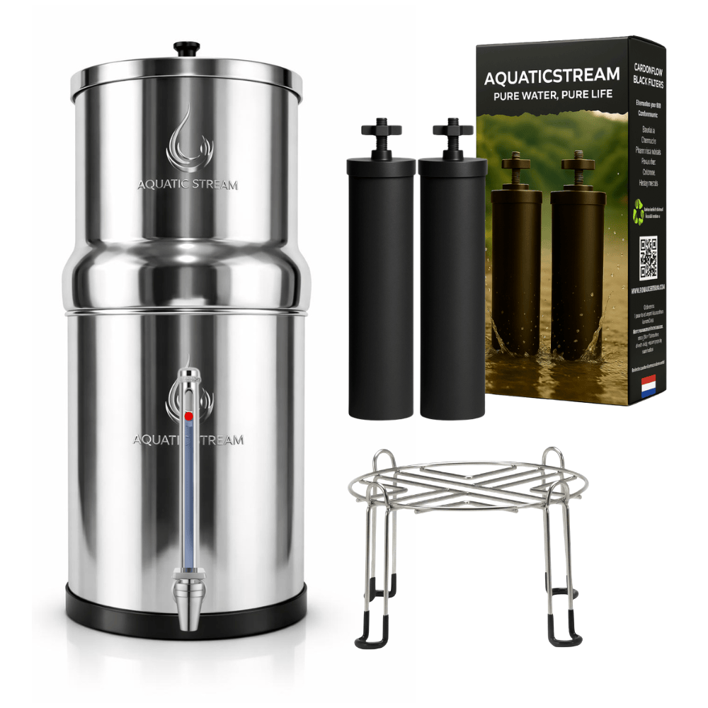 Aquaticstream 8.5L Gravity Filtration System™ | CarbonFlow Black Filters + 7" Stainless Steel WaterView + Standaard