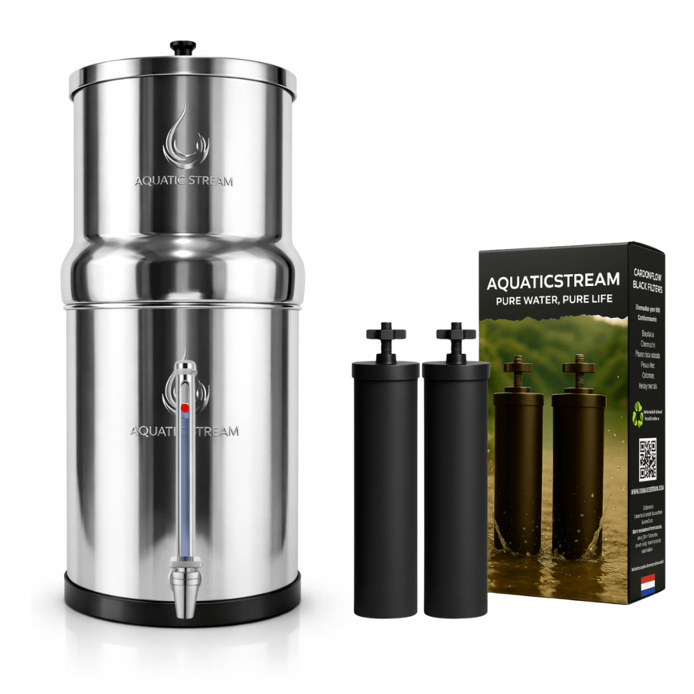 Aquaticstream 8.5L Gravity Filtration System™ | CarbonFlow Black Filters + 7" Stainless Steel WaterView