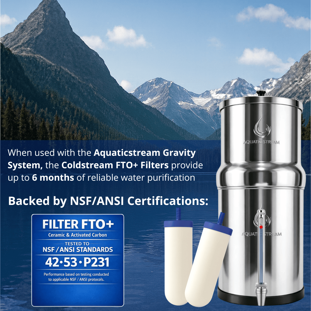 Aquaticstream 8.5L Gravity Filtration System™ | Coldstream FTO+ Filters + 7" Stainless Steel WaterView