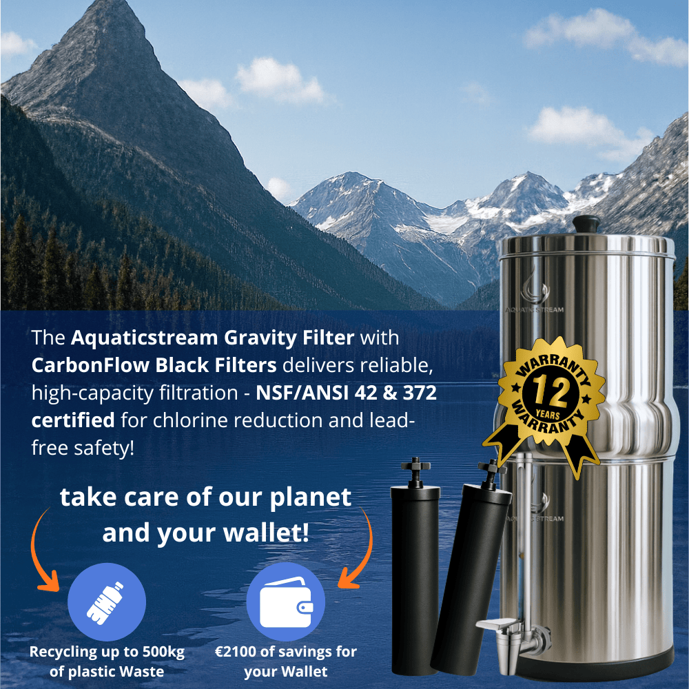 Aquaticstream 8.5L Gravity Filtration System™ | CarbonFlow Black Filters + 7 inch RVS Waterview