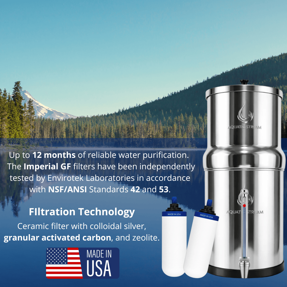 Aquaticstream Aquaticstream Water Filter Aquaticstream 8.5L Gravity Filtration System™ | Imperial™  GF Filters +  7" Stainless Steel WaterView | Levensduur filter: 12 maanden of 7.600L