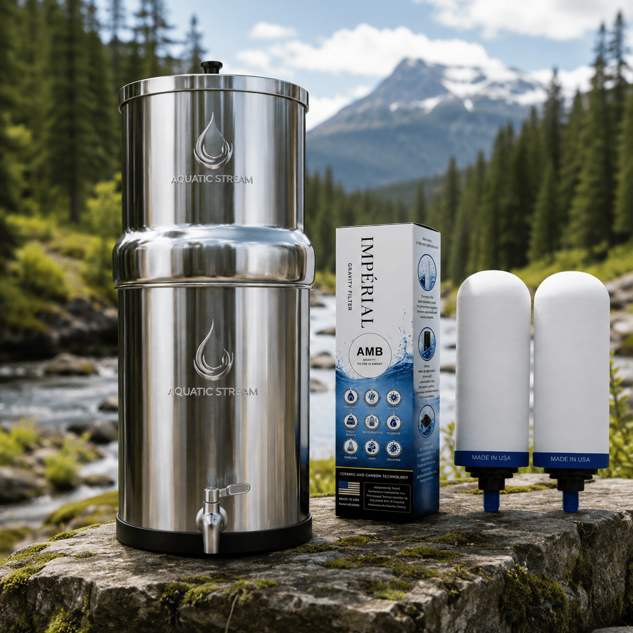 Aquaticstream Aquaticstream Water Filter Aquaticstream 8.5L Gravity Filtration System™ | Imperial™  AMB Filters +  7" Stainless Steel WaterView | Levensduur filter: 12 maanden of 6.000L