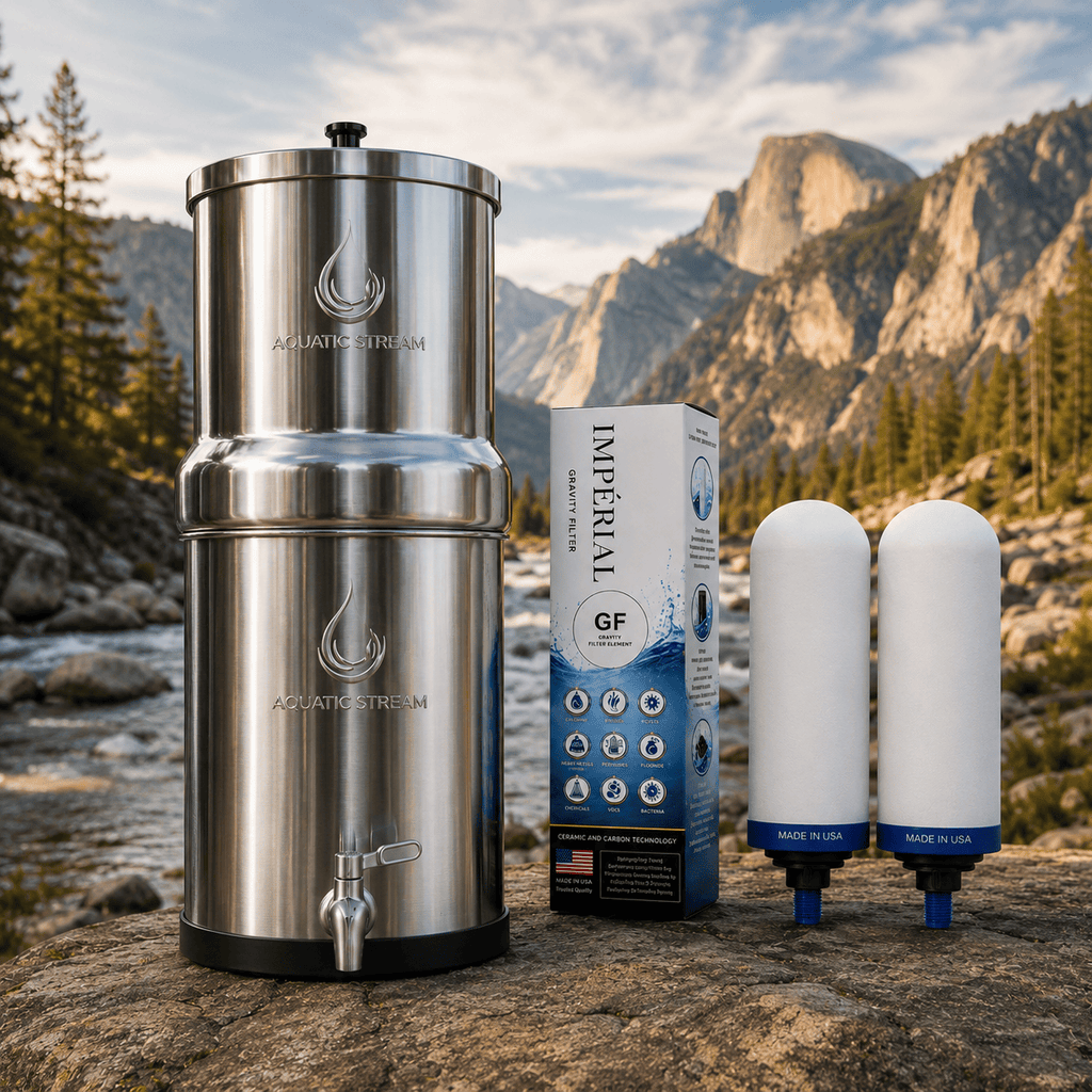 Aquaticstream Aquaticstream Water Filter Aquaticstream 8.5L Gravity Filtration System™ | Imperial™  GF Filters +  7" Stainless Steel WaterView | Levensduur filter: 12 maanden of 7.600L