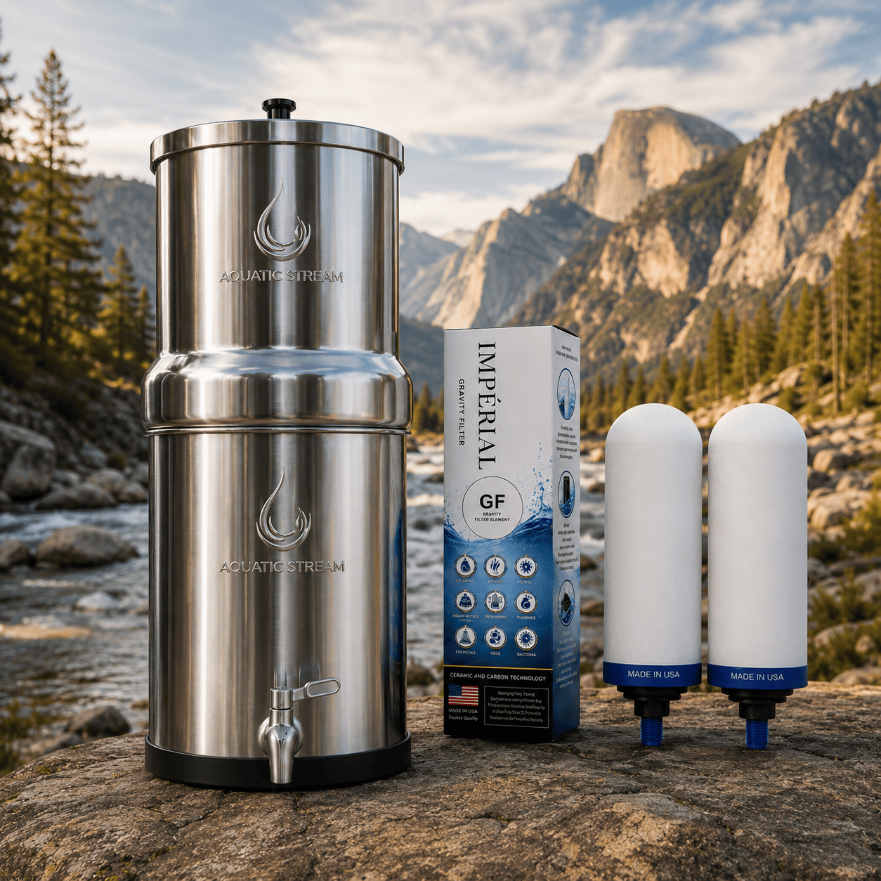 Aquaticstream Aquaticstream Water Filter Aquaticstream 8.5L Gravity Filtration System™ | Imperial™  GF Filters +  7" Stainless Steel WaterView | Levensduur filter: 12 maanden of 7.600L