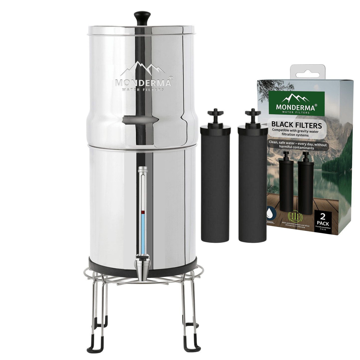 Monderma water filter max big 8.5L with 2 Black Filters, waterview and Base